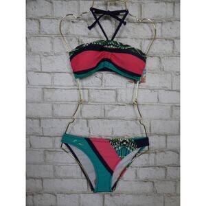 $98 Seekers Australia Jade Green Navy Pink Colorblock Bandeau Bikini 8 NEW S586